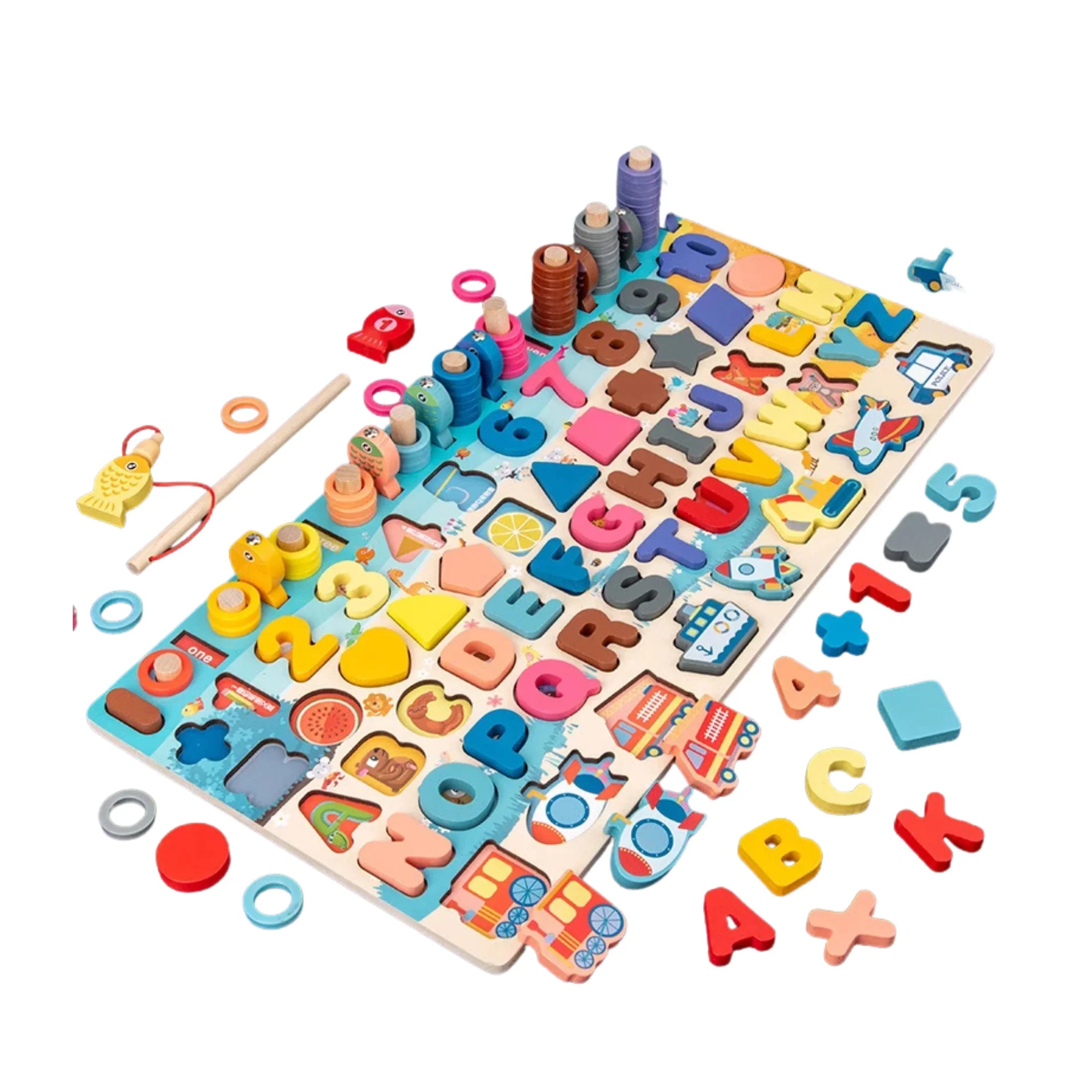 Colorful sensory alphabet and number puzzle board with stacking rings and shapes