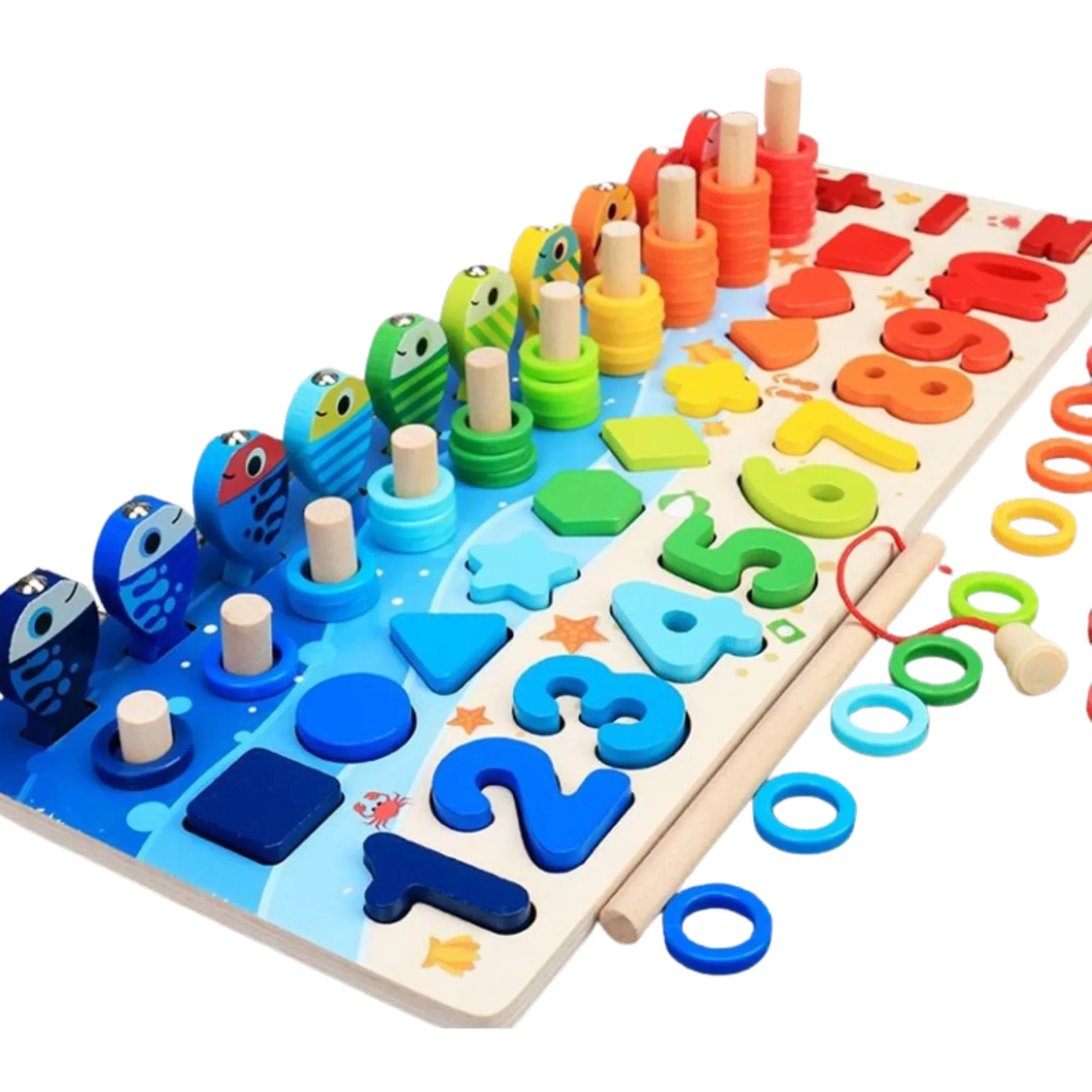 Colorful wooden sensory board with number blocks, stacking rings, and fish shapes for kids