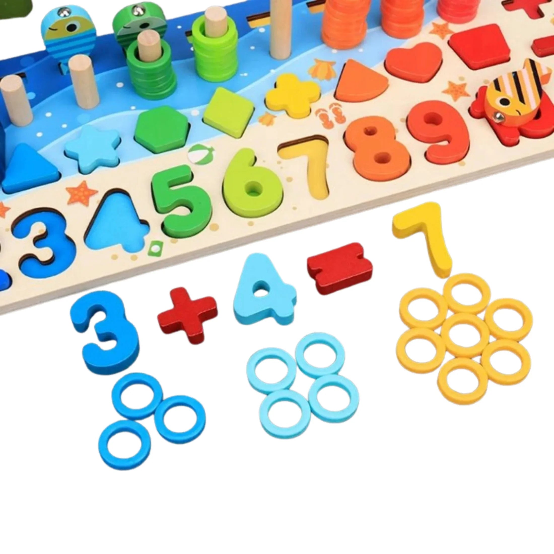 Colorful wooden sensory math toy with numbers, shapes, and counting rings for kids