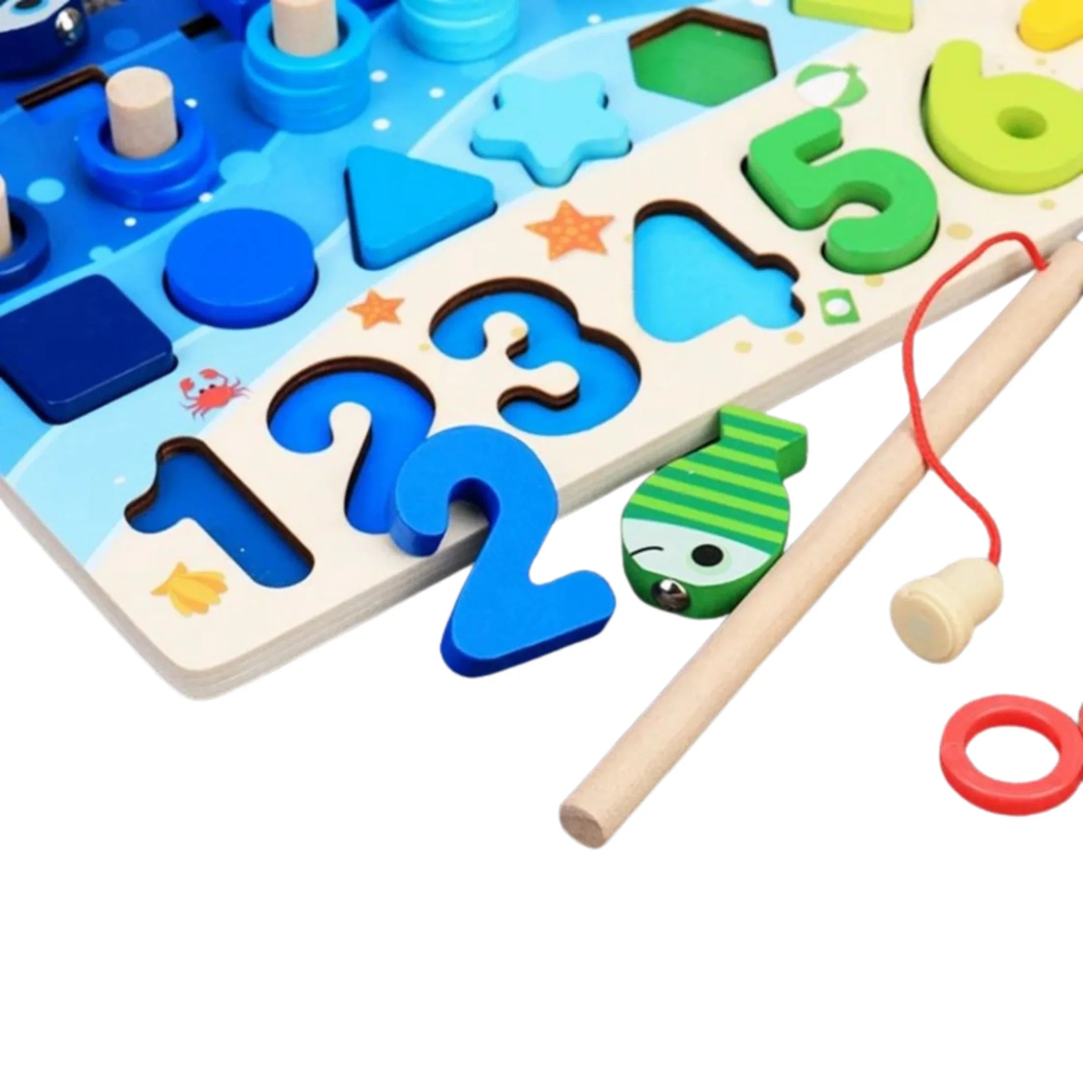 Colorful wooden sensory puzzle with numbers, shapes, and fishing toy for kids