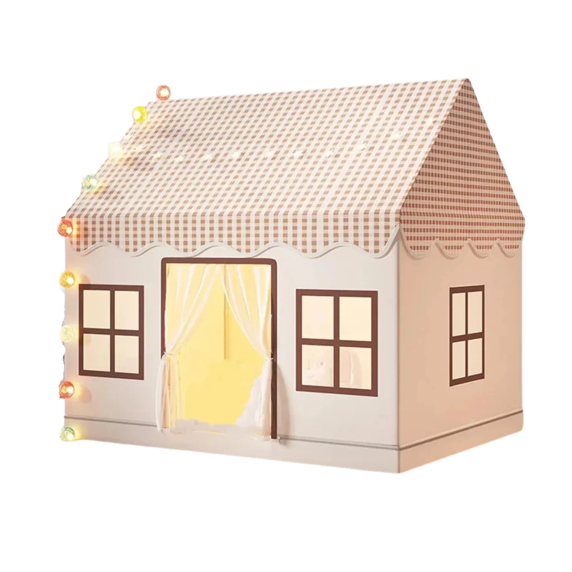 Children's sensory playhouse tent with checkered roof and string lights for calm play