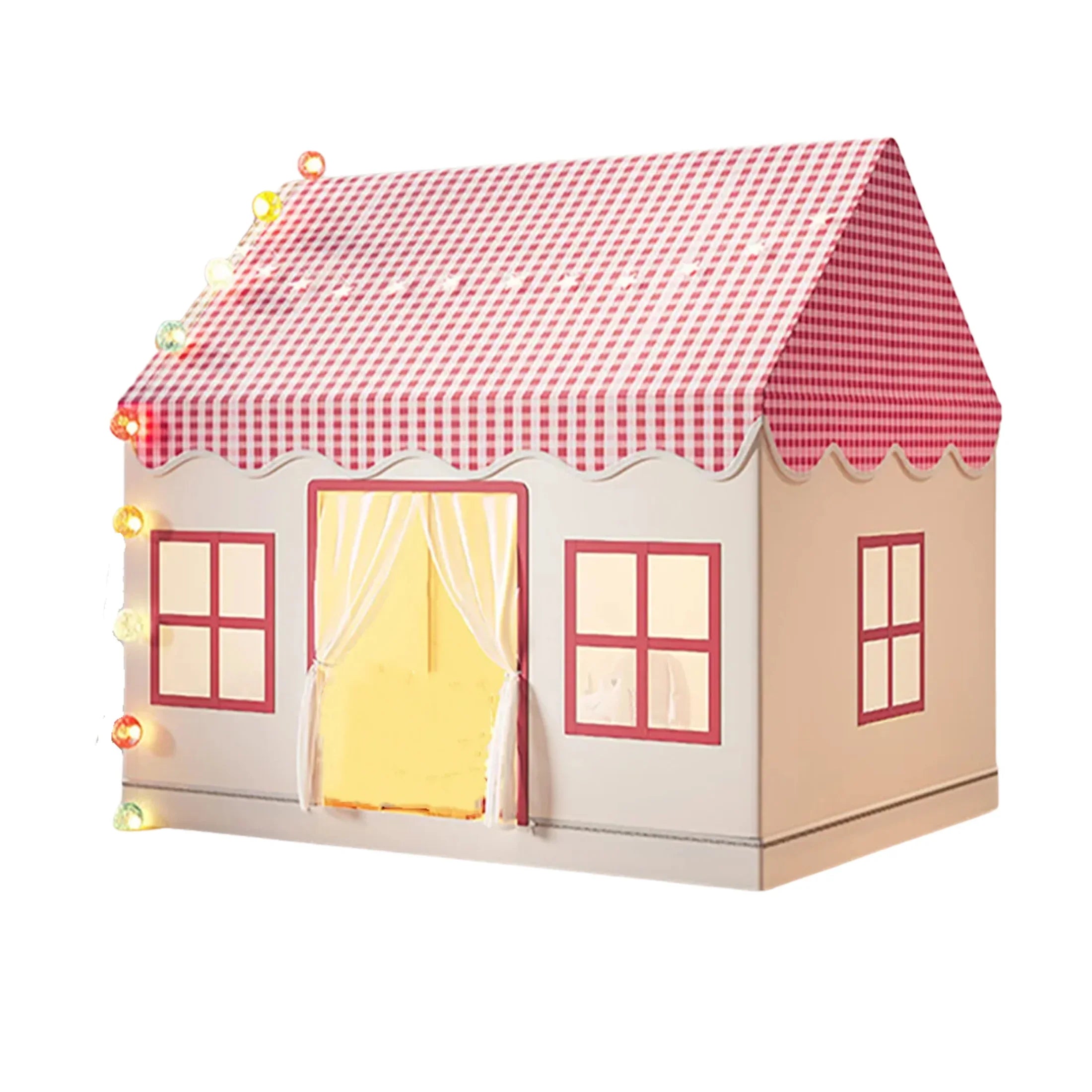 Children’s sensory playhouse tent with checkered red roof, string lights, and window accents