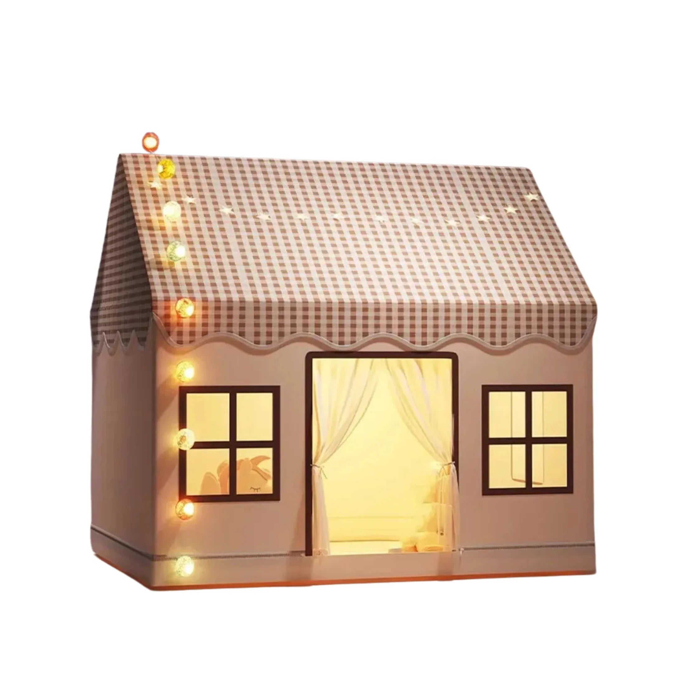 Kids sensory play tent house with checkered roof, windows, and string lights
