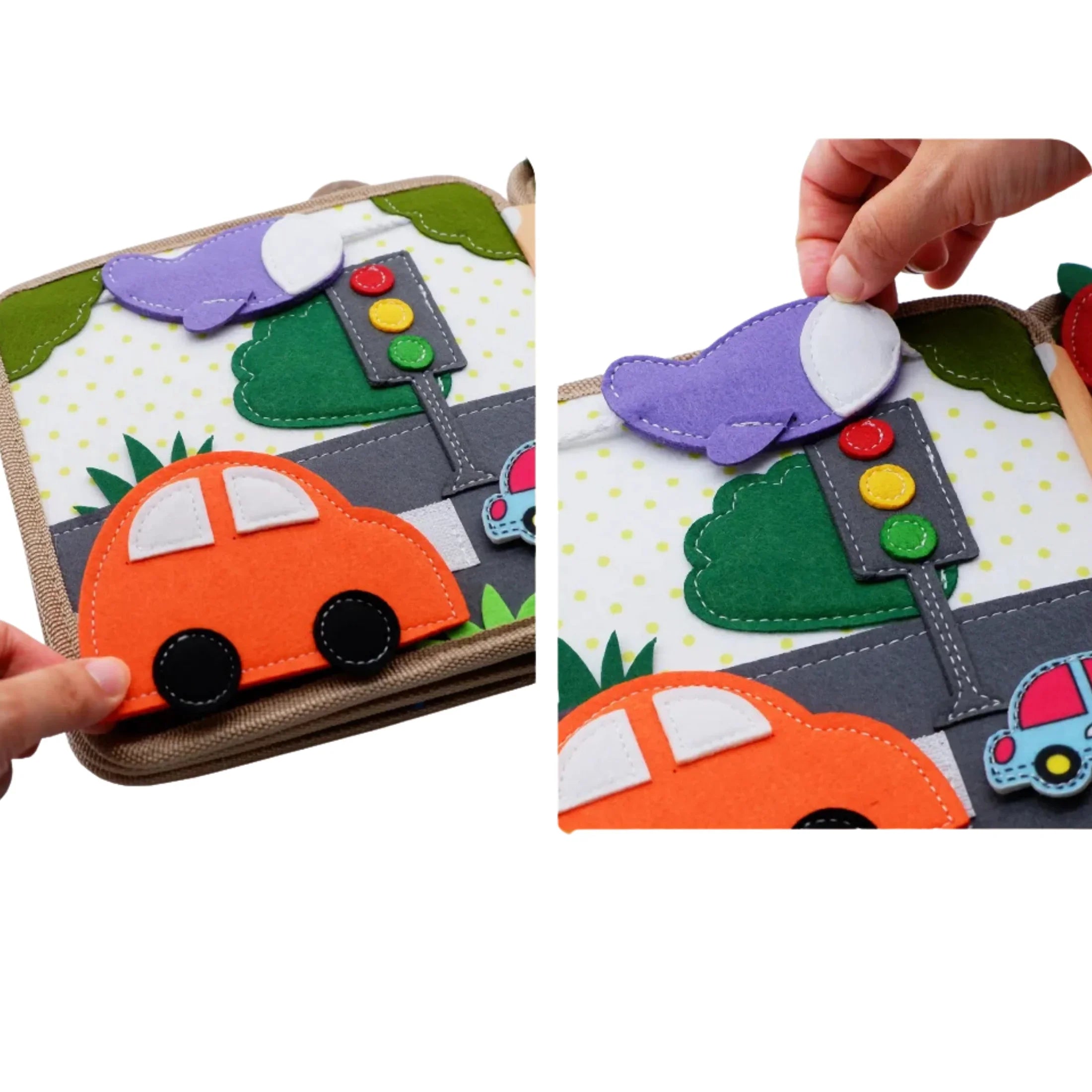Felt sensory busy book page with removable car and airplane, traffic light, and trees