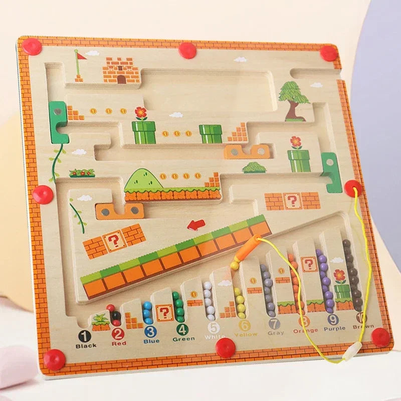 Wooden sensory maze puzzle game with colorful balls and magnetic wand, Mario-inspired theme
