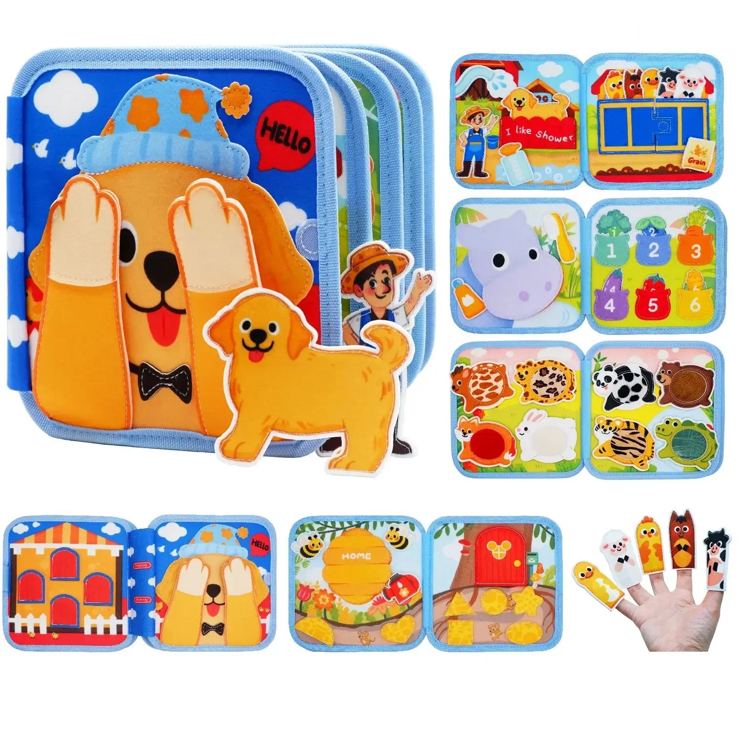 Colorful sensory quiet book for kids with animal puzzles, numbers, and finger puppets