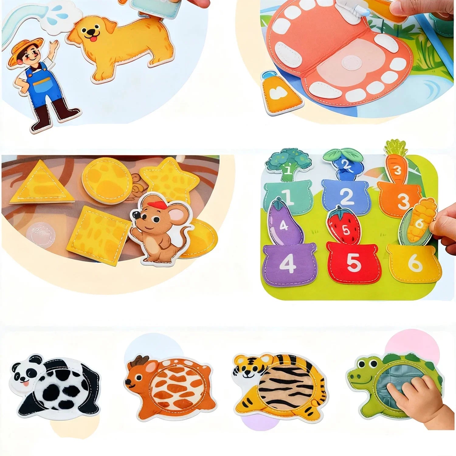 Educational sensory toys for kids including animal, shape, and number matching puzzles.