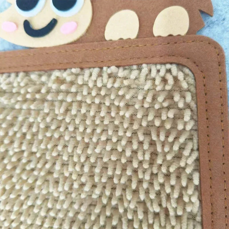 Textured sensory mat with soft beige chenille surface, brown border, and cute animal design