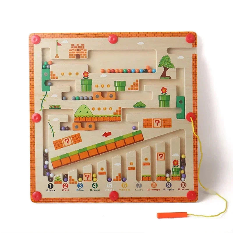 Wooden sensory maze board game with colorful magnetic balls and playful graphics for kids