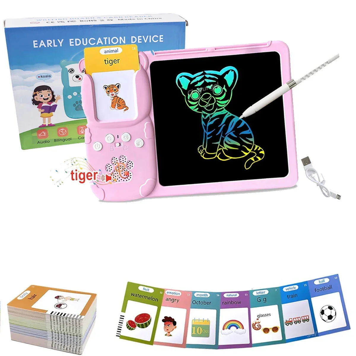 Pink early education device for children with digital drawing screen, stylus, educational flashcards, and animal learning card featuring a tiger, designed for sensory learning and development.