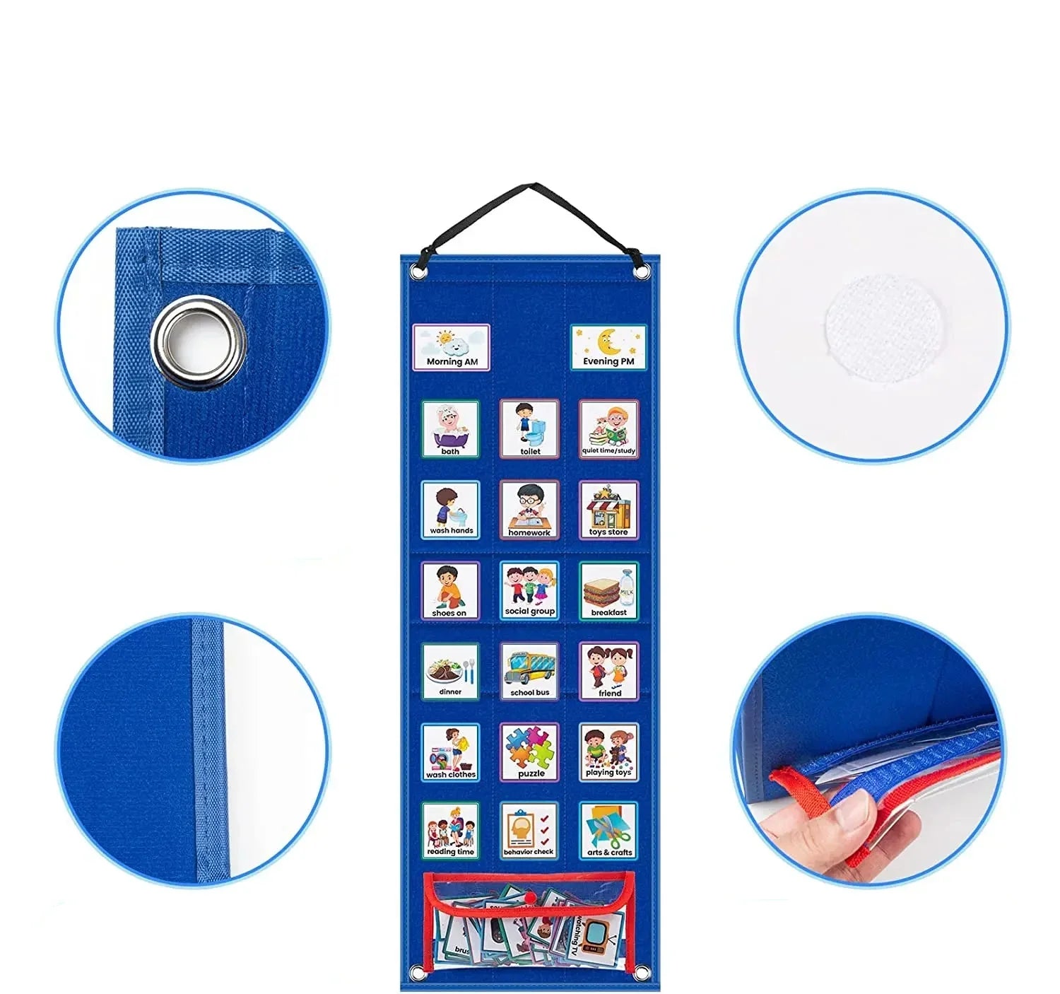 Blue visual schedule chart for kids with illustrated routine cards and storage pocket