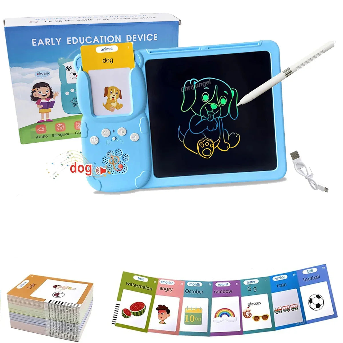 Blue early education learning device with drawing tablet, stylus, flashcards, and audio feature
