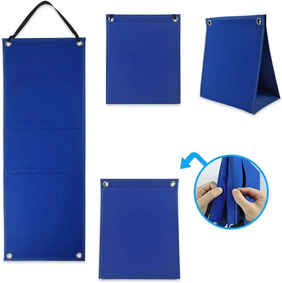 Blue portable sensory privacy panel in various folding positions for focus and calm