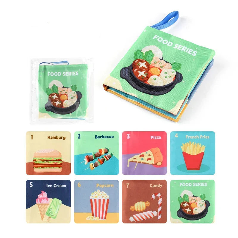 Sensory soft food-themed cloth book for children with illustrated foods like pizza and ice cream