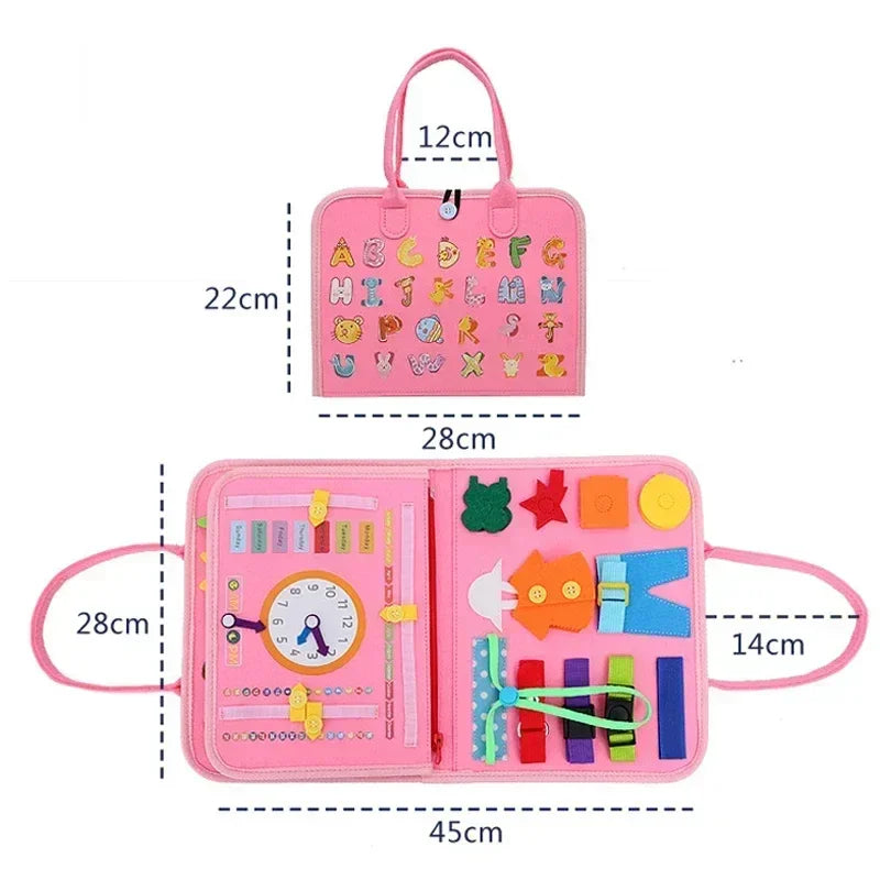 Pink sensory busy board bag with letters, shapes, clock, and interactive activities for kids