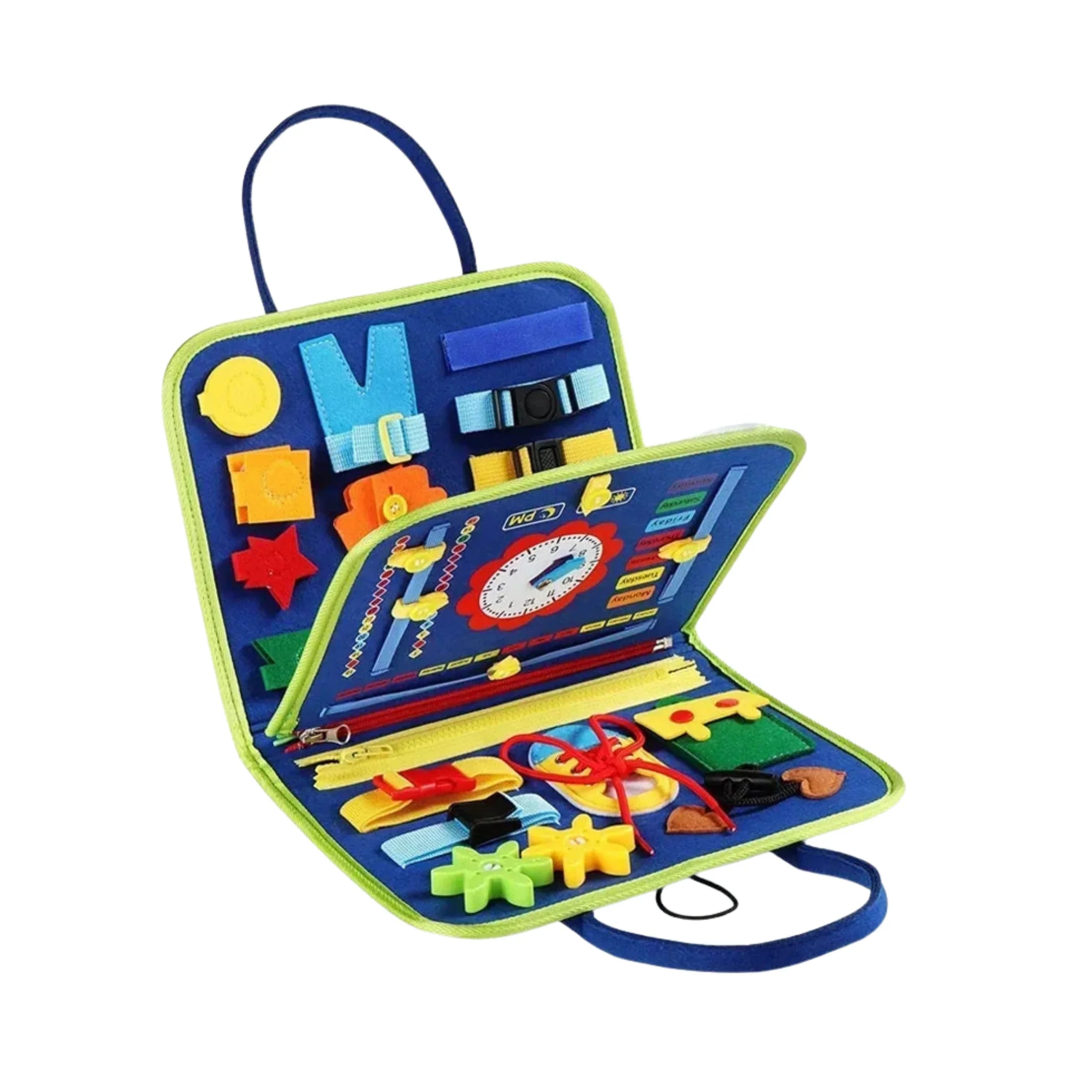 Colorful sensory busy board with zippers, buttons, and shapes for children's fine motor skills