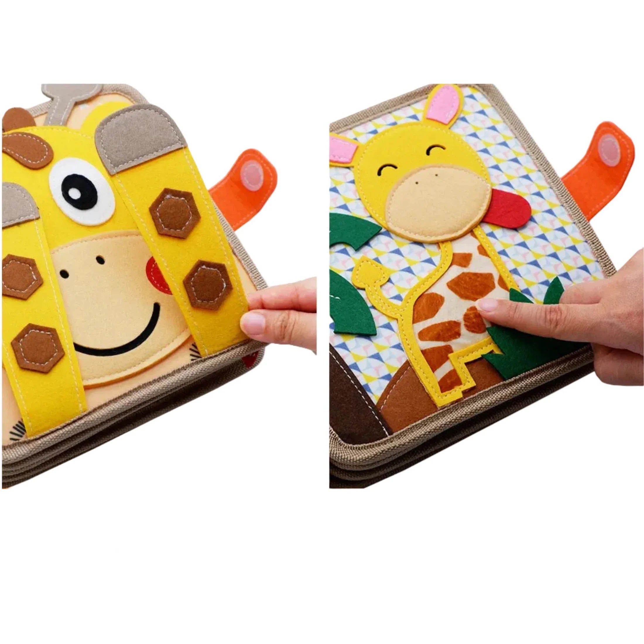 Sensory quiet book for kids featuring interactive giraffe felt pages