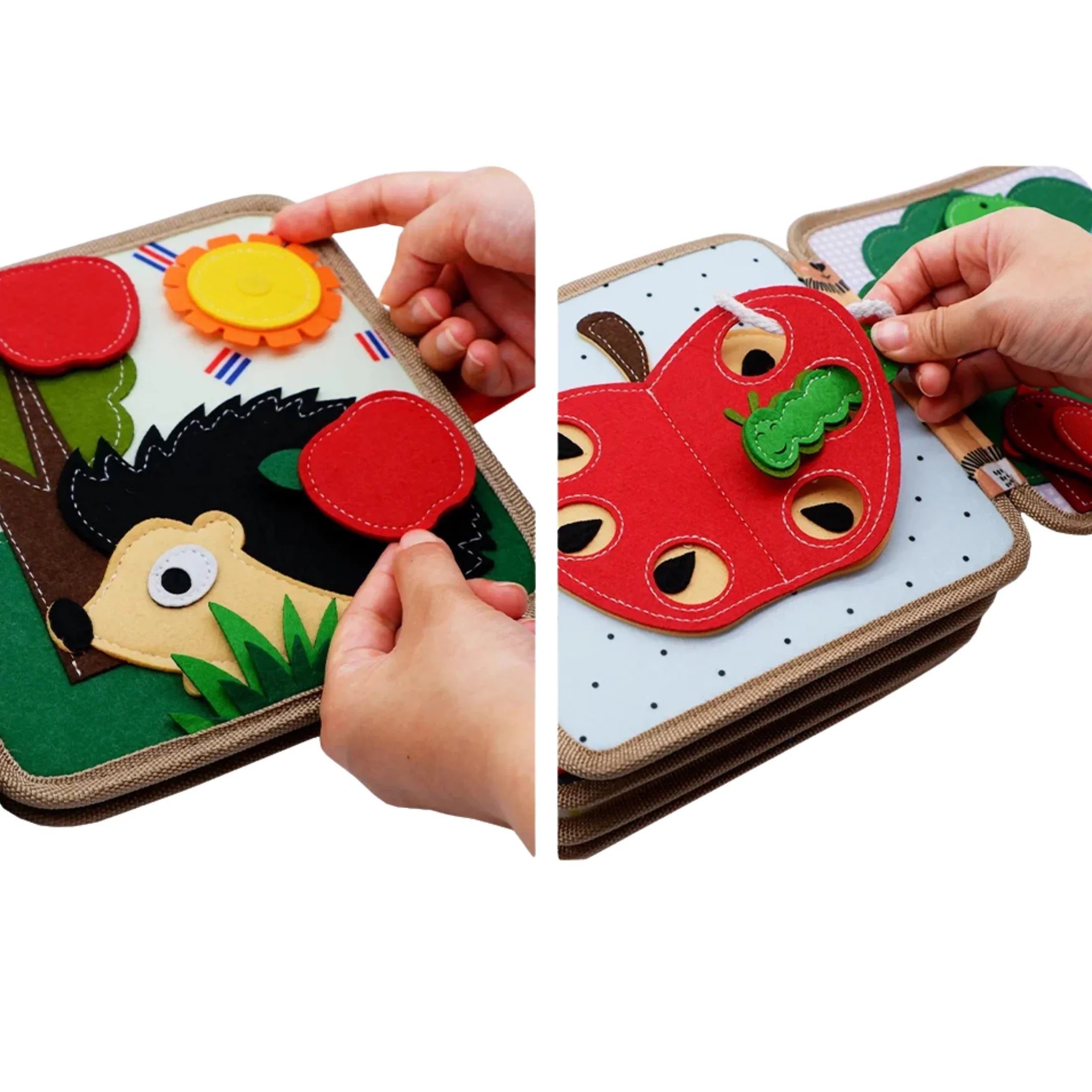 Hands interacting with a sensory quiet book featuring felt hedgehog, apples, and caterpillar.