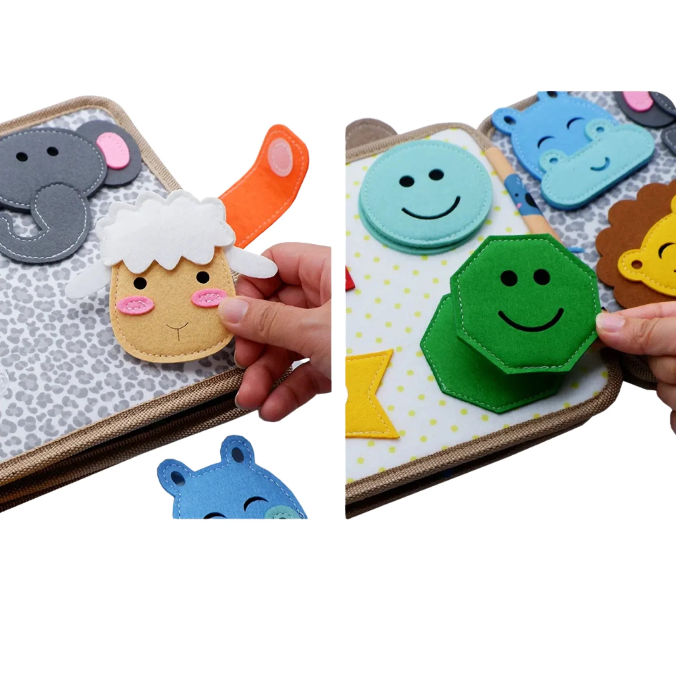 Hands interacting with sensory felt animal and shape activity book for kids