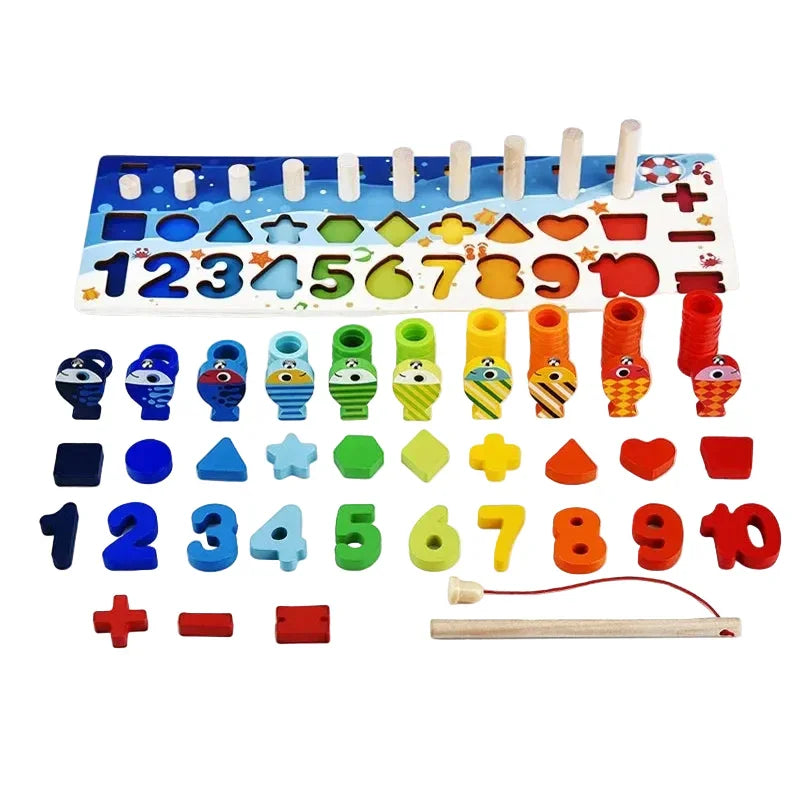 Colorful sensory math puzzle board with numbers, shapes, rings, and fishing game pieces for kids