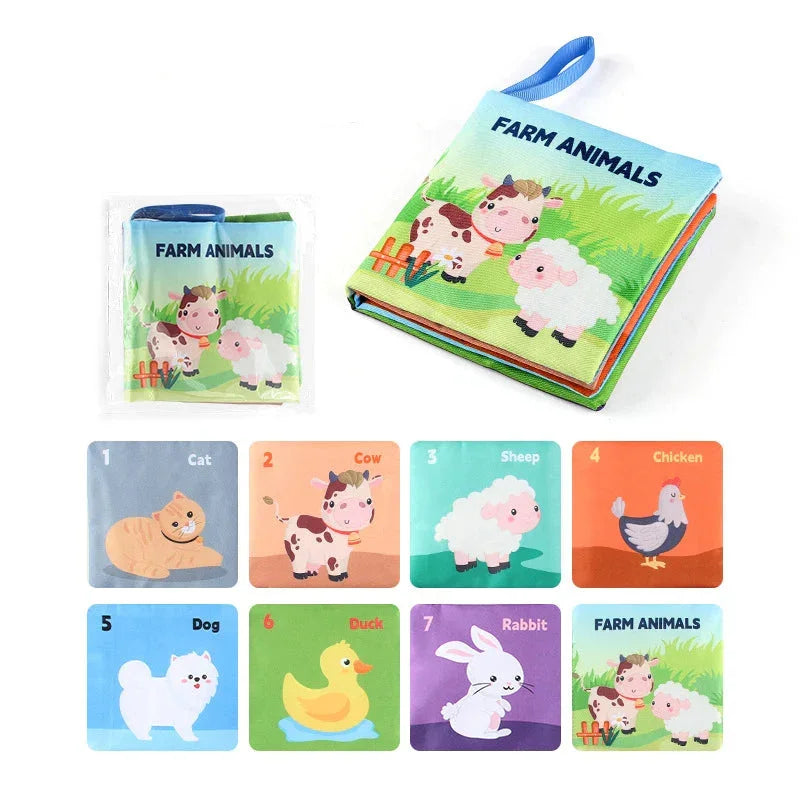 Soft fabric farm animals book for kids, illustrated animal cards for sensory learning.