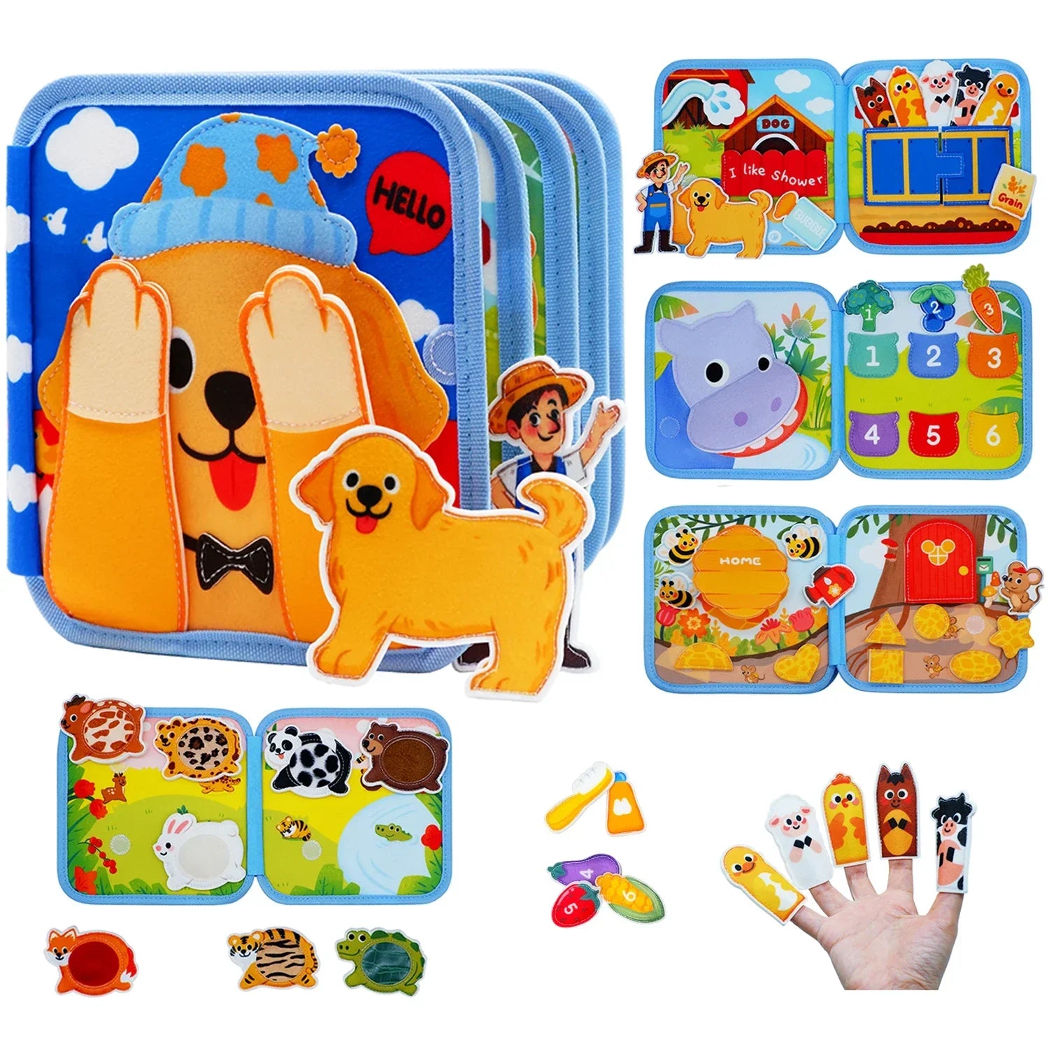 Sensory quiet book with animal finger puppets and interactive felt activity pages for kids