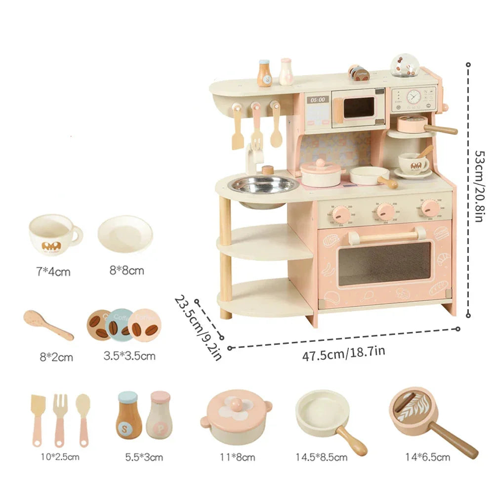 Wooden toy kitchen set with pink details, utensils, dishes, pots and measurement labels