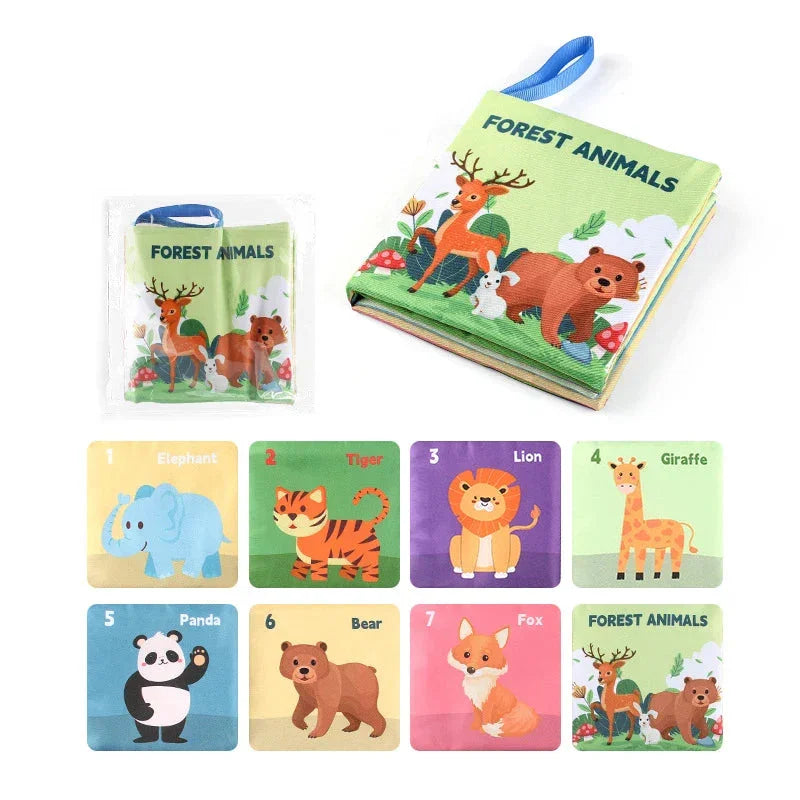Soft sensory cloth book for kids featuring illustrated forest animals and animal name cards.