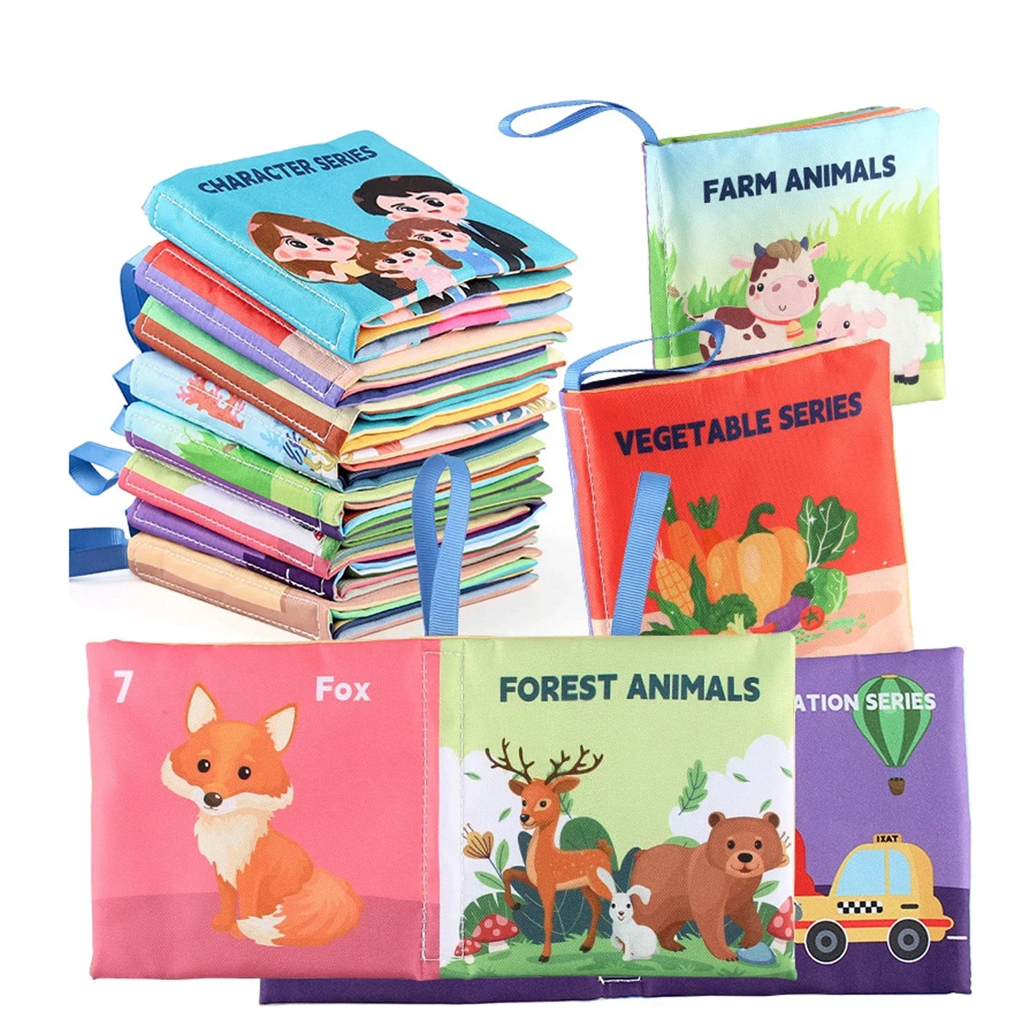 Colorful sensory cloth books for kids featuring animals, vegetables, and character themes