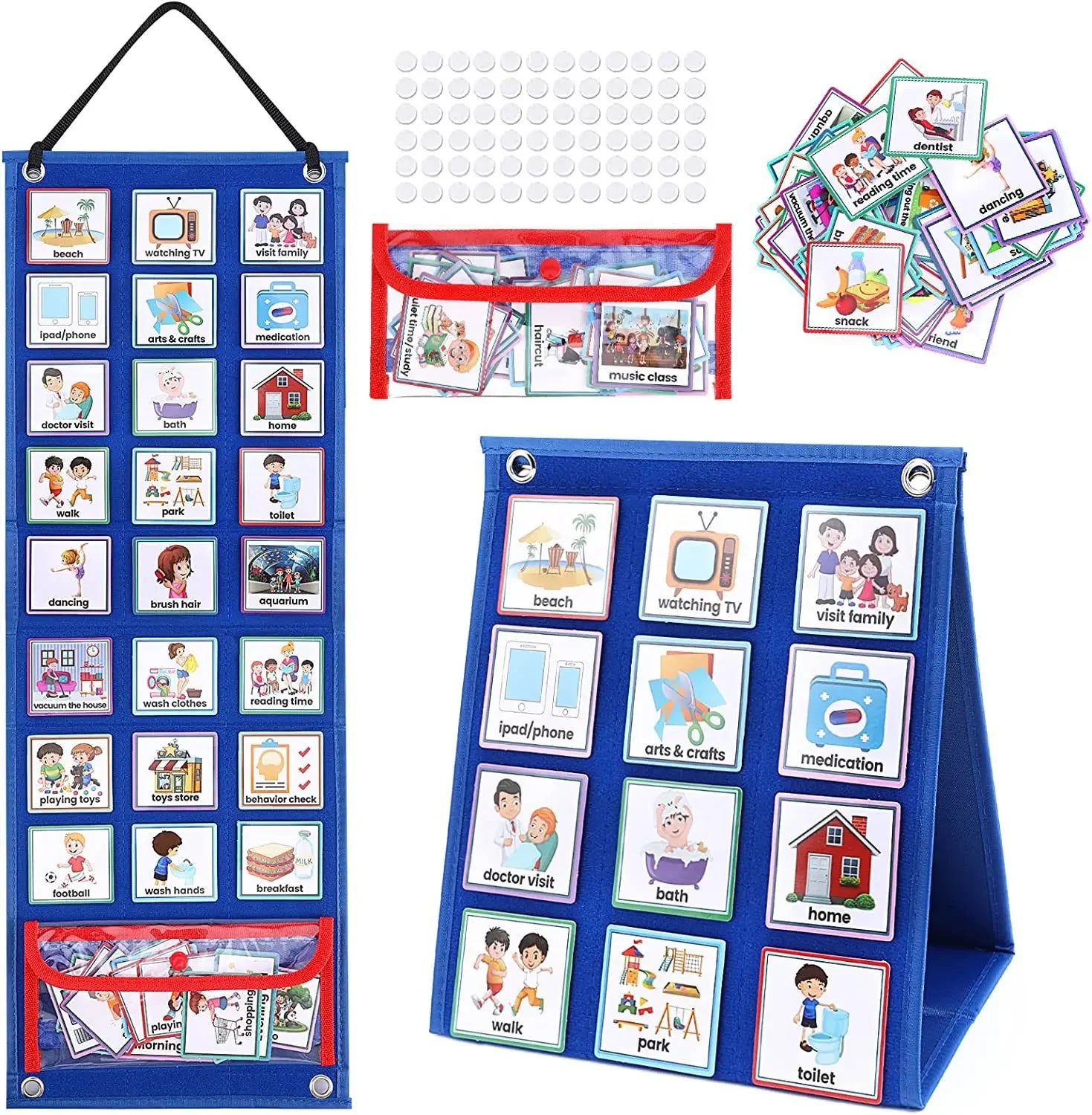 Visual schedule chart with illustrated activity cards for kids, sensory tools, daily planner