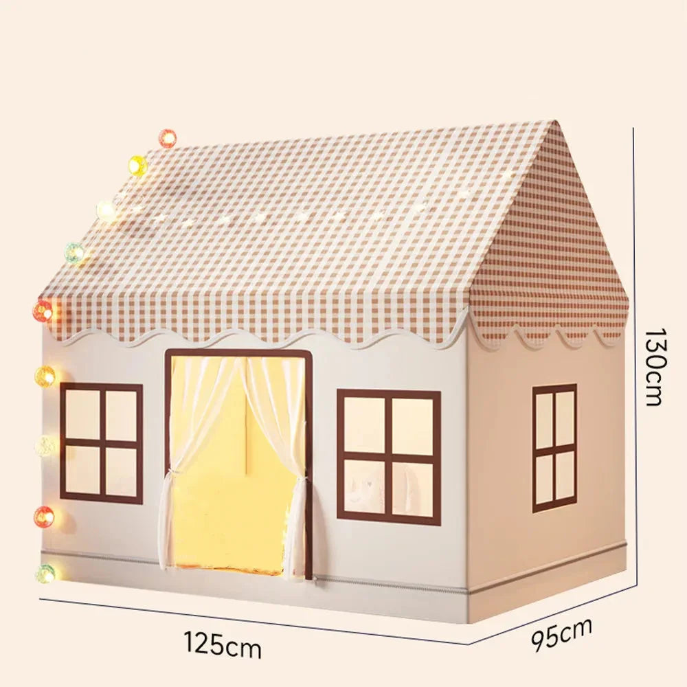 Children’s indoor playhouse tent with checkered roof, string lights, and window panels, 130x125x95cm.