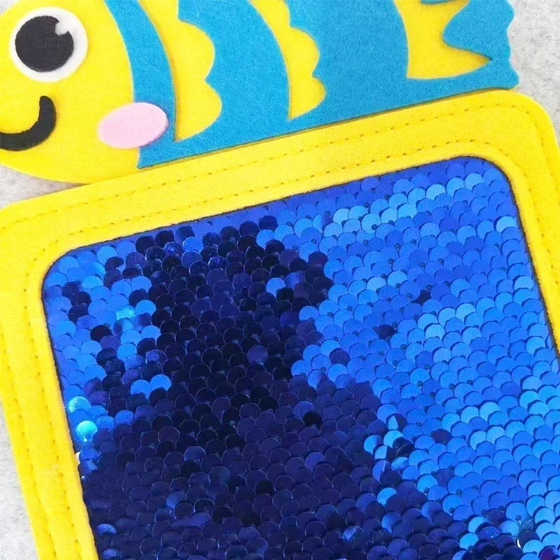 Blue and yellow fish-themed sensory sequin fidget toy for kids