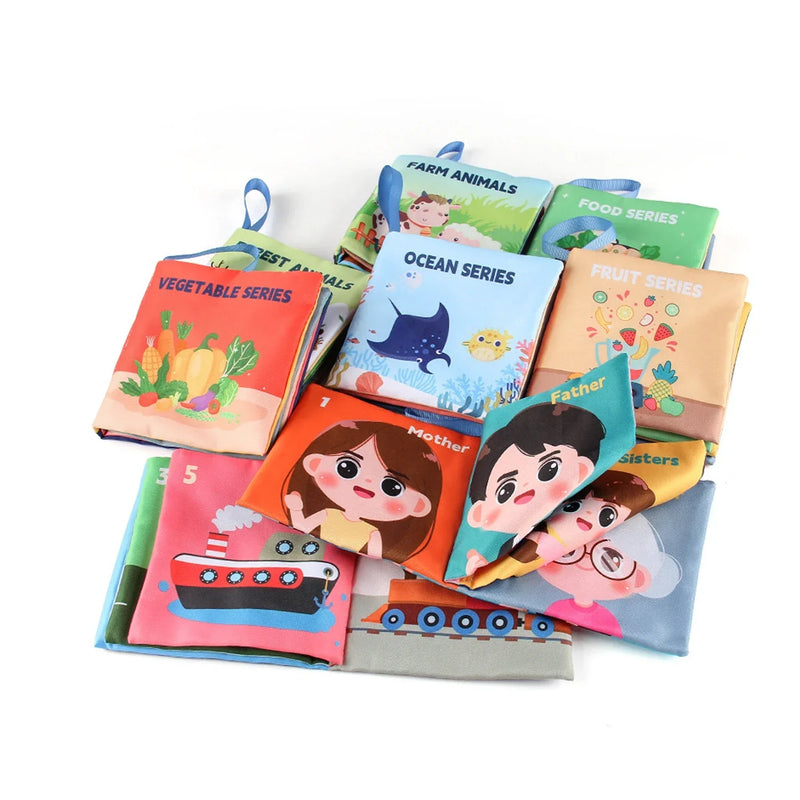 Colorful sensory soft fabric books for kids featuring animals, fruits, and family themes.