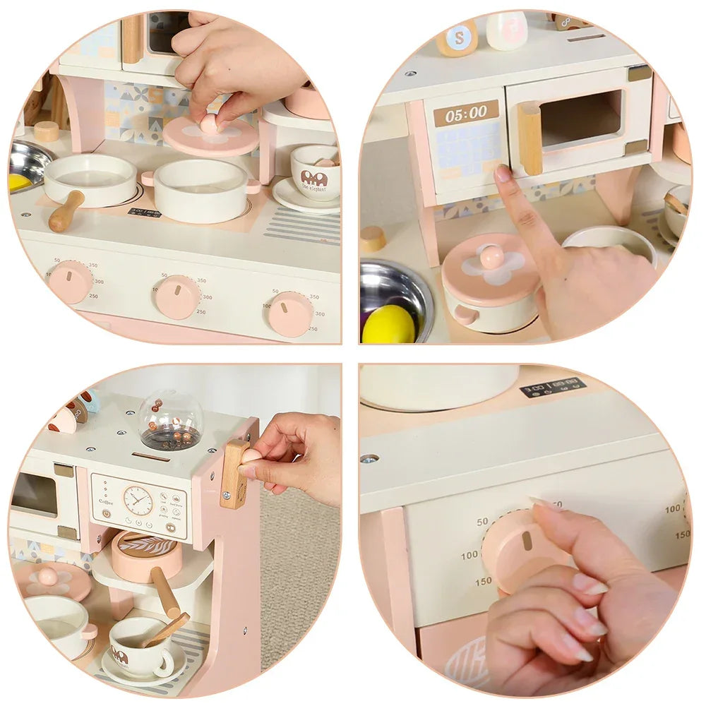 Hands interacting with a wooden sensory play kitchen set featuring knobs, pans, and utensils.