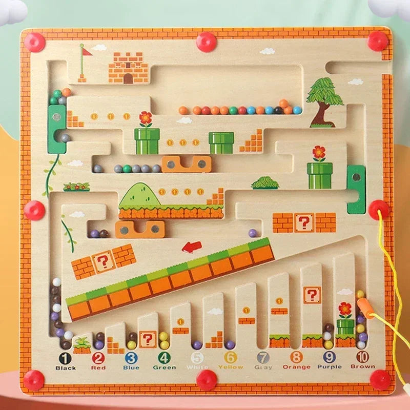 Wooden sensory maze board game with colorful marbles and numbered sorting slots.