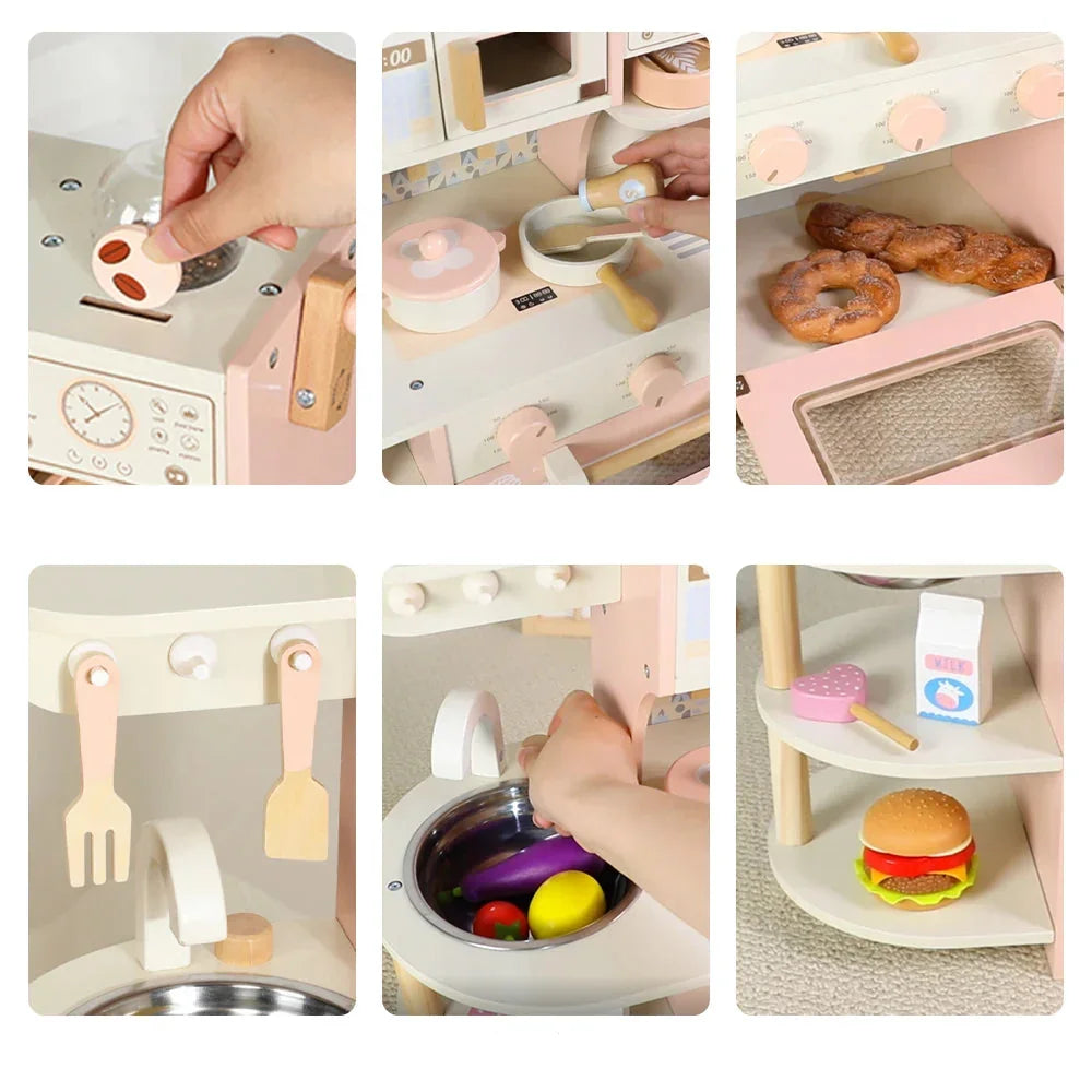 Wooden play kitchen set with toy food, utensils, and interactive sensory elements for kids