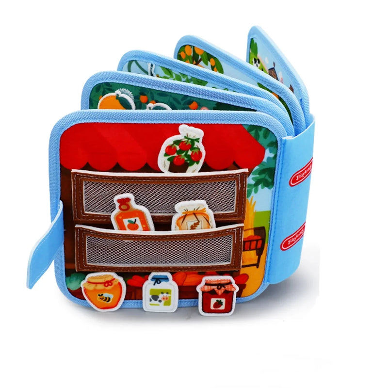 Sensory busy book with colorful fabric pages, interactive pockets, and food-themed pieces