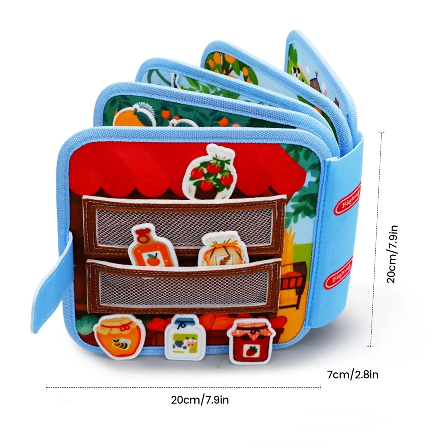 Colorful sensory activity book for children with pockets and fruit jar pieces, 20x20x7cm.