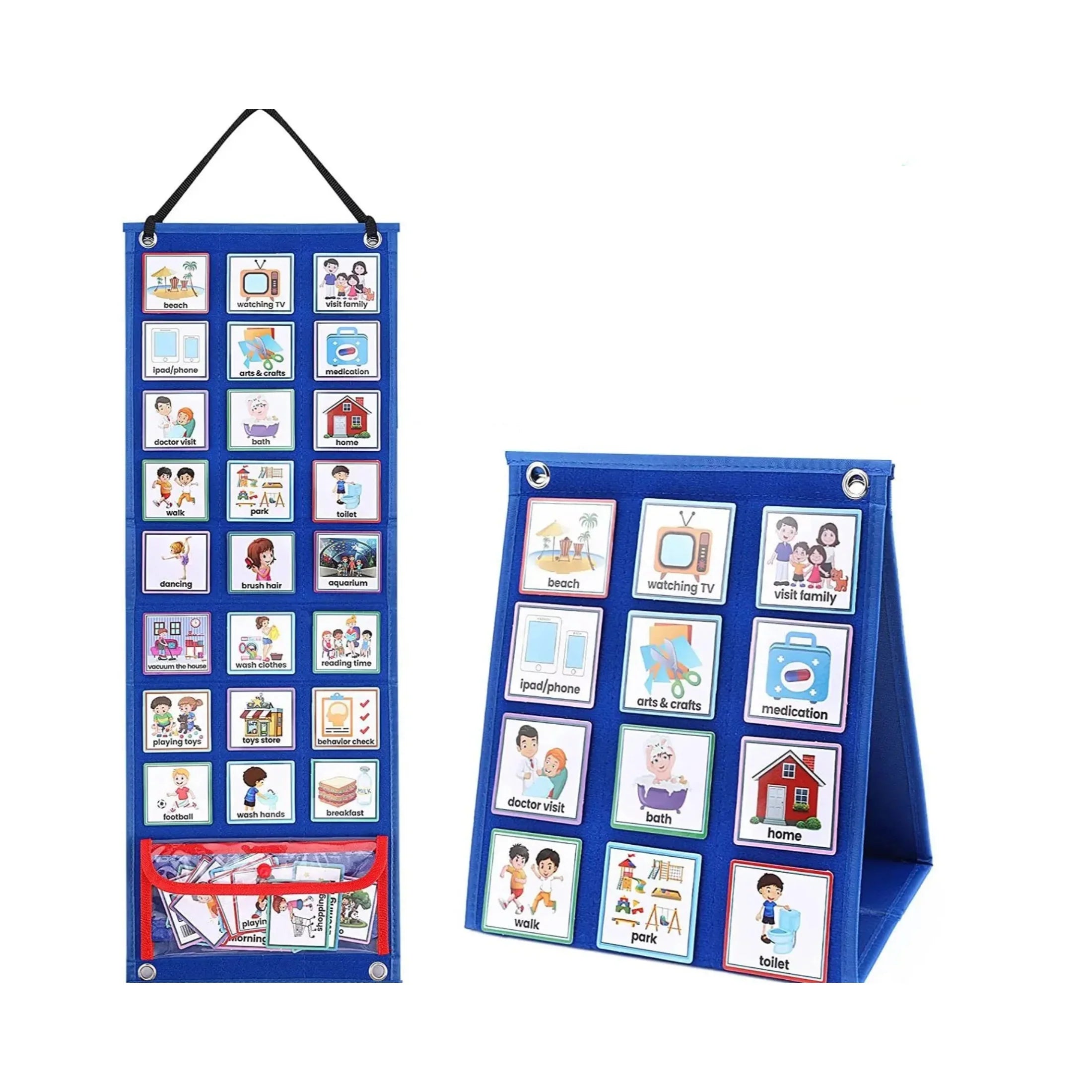Blue visual schedule chart with daily activity cards for sensory support and routine