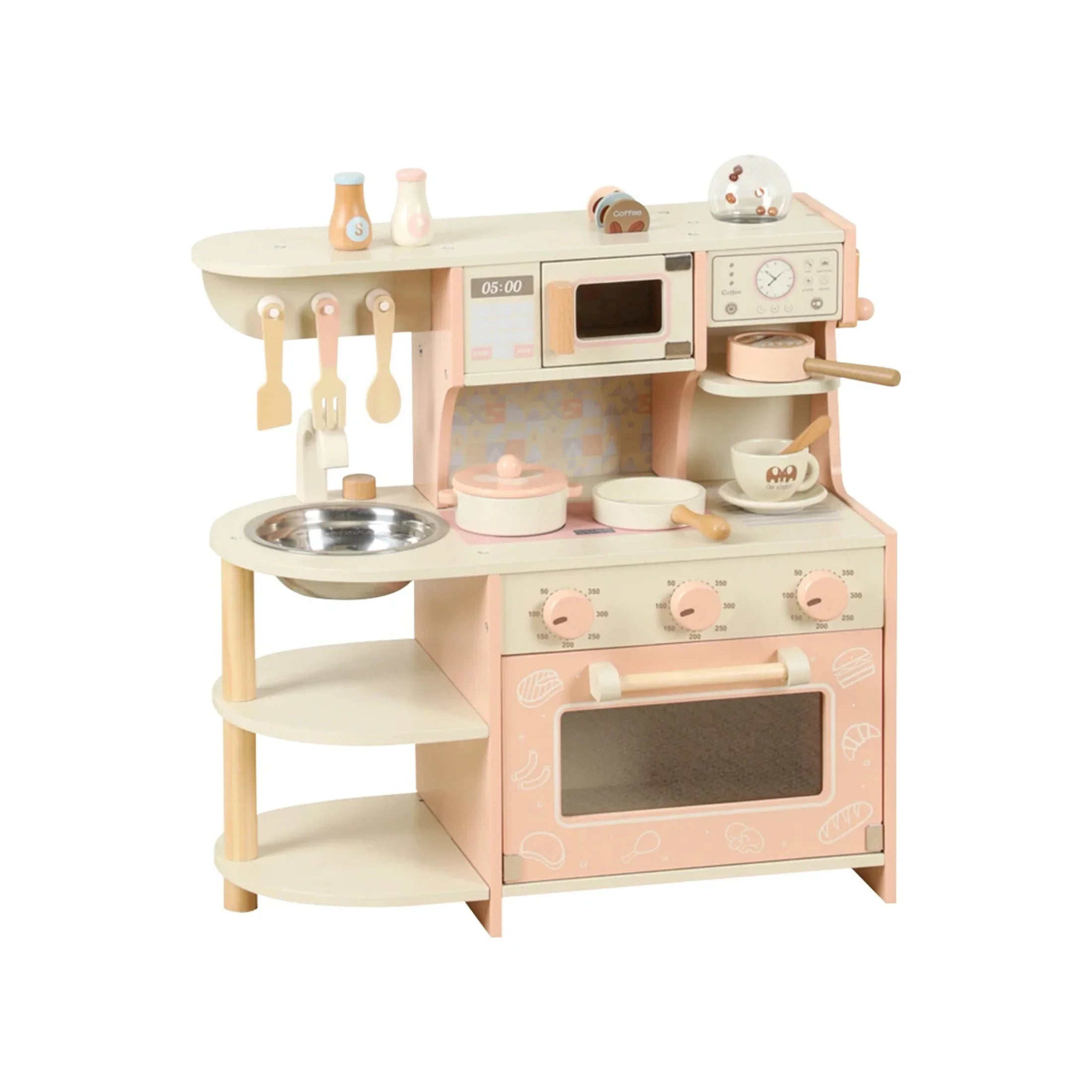 Wooden toy kitchen set with utensils, sink, stovetop, and oven for sensory play